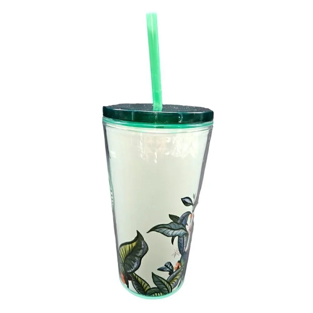 2021 Starbucks Tumbler Cup 16 ozs Seal‎ Lid Straw Green Orange Floral Tropical